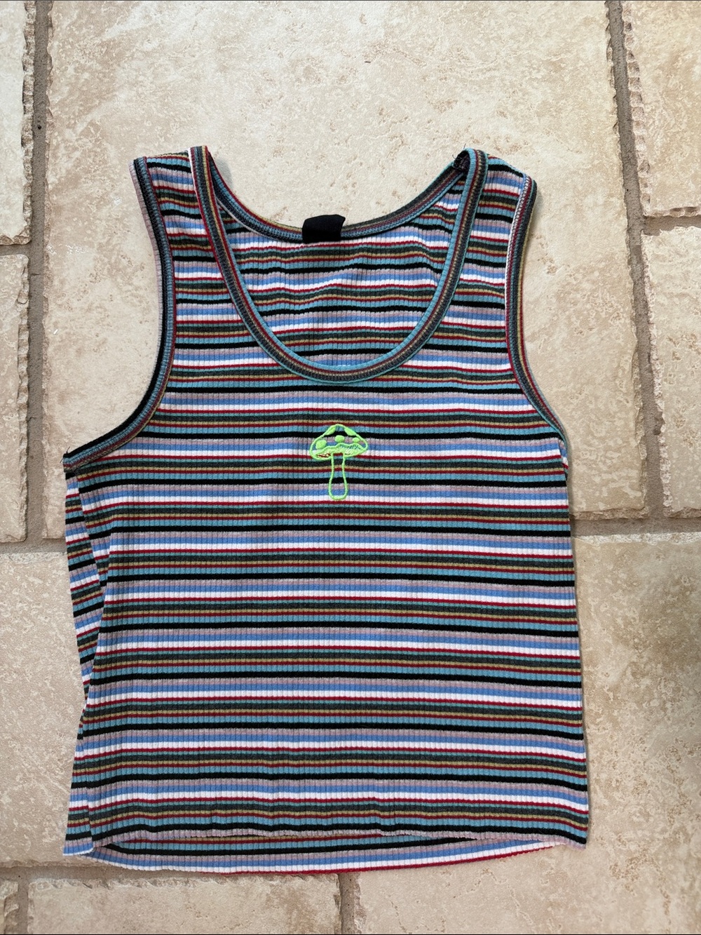 Urban Outfitters Multi-Color Striped Ribbed Tank Top with Neon Green Mushroom